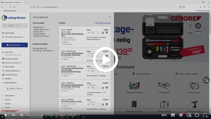 Screenshot einer auf der Webseite von Ludwig Meister durchgeführten Produktsuche mit Suchergebnissen für Kugellager.