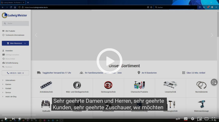 Screenshot einer Website-Navigation mit verschiedenen Produktkategorien und einem abgespielten Video.