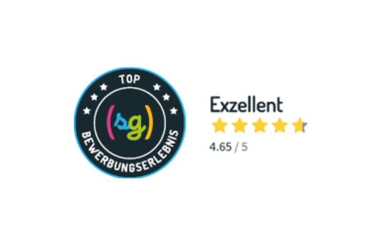 Ein Abzeichen für ein top Bewerbungserlebnis mit der Bewertung "Exzellent" und 4,65 von 5 Sternen.