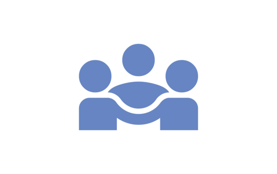 Ein blaues Symbol zeigt drei stilisierte Figuren in einer Gruppe.