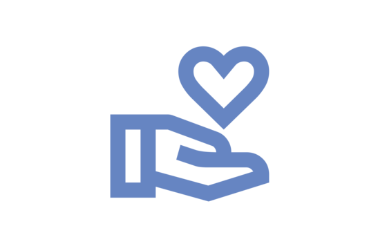 Blaues Symbol einer Hand mit einem darüber schwebenden Herz auf weißem Hintergrund.