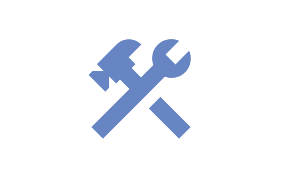 Eine blaue Schlüsselschraube und ein Hammer sind gekreuzt dargestellt.