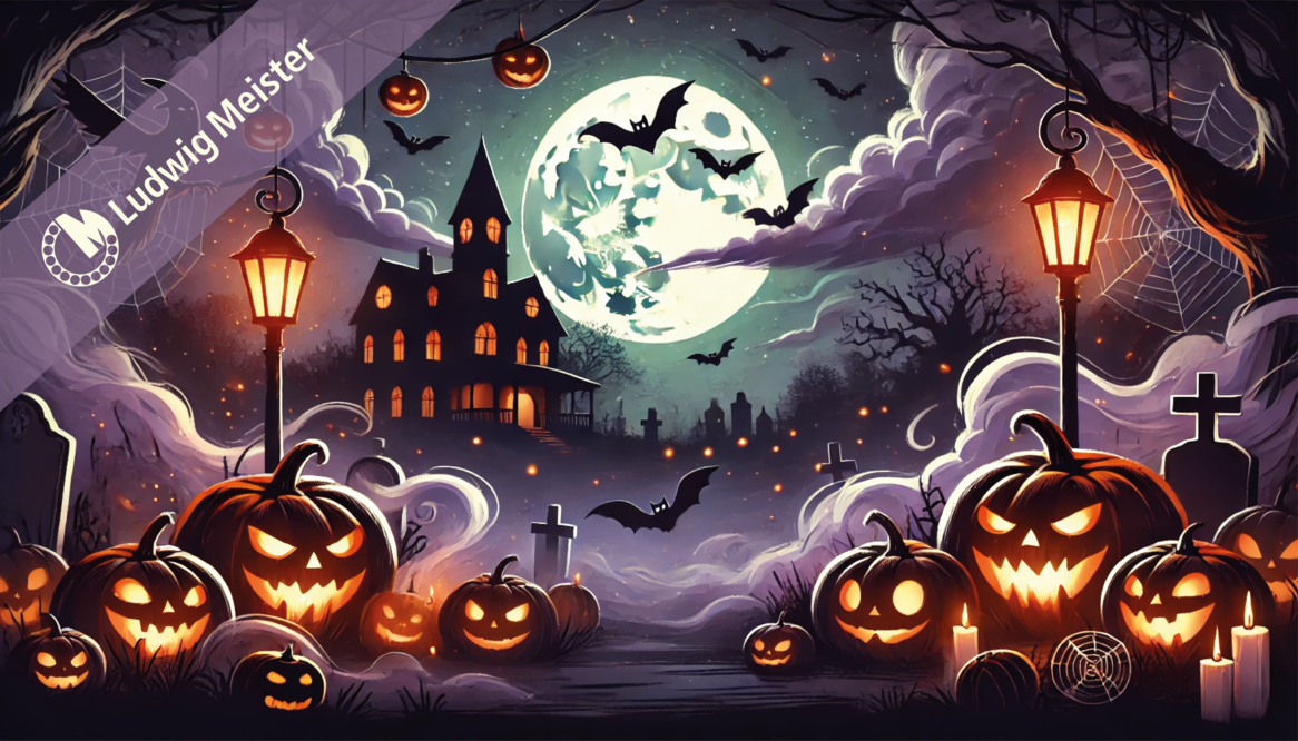 Eine mystische Halloween-Szene mit Kürbislaternen, Fledermäusen, einem Spukhaus und einem vollen Mond.