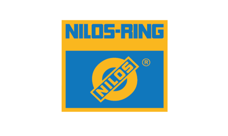 Gelb-blaues Nilos-Ring-Logo mit stilisiertem Schriftzug.