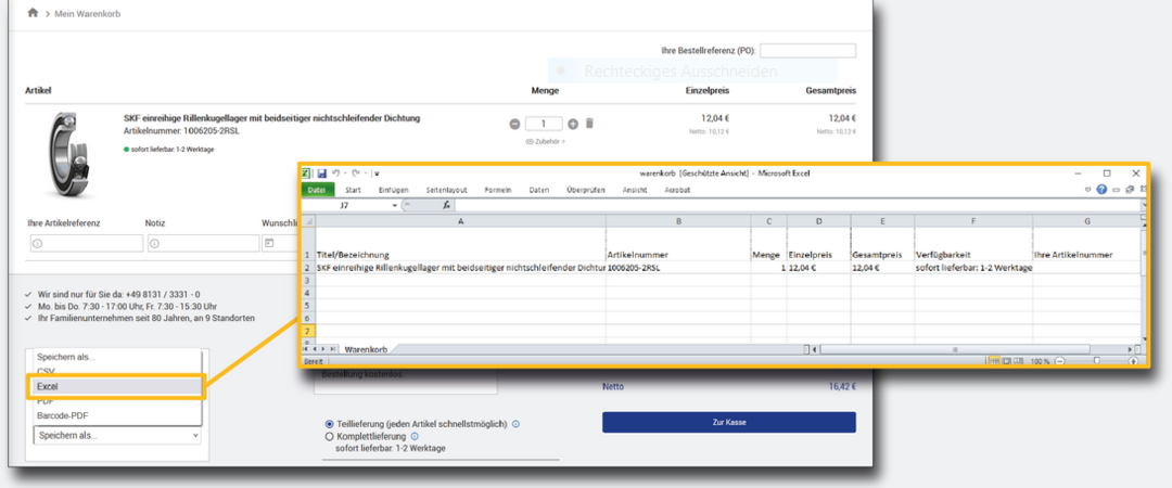 Warenkorb exportieren aus dem Ludwig Meister Webshop