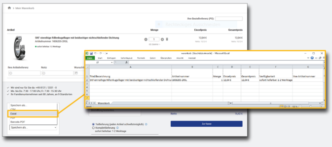Warenkorb exportieren aus dem Ludwig Meister Webshop