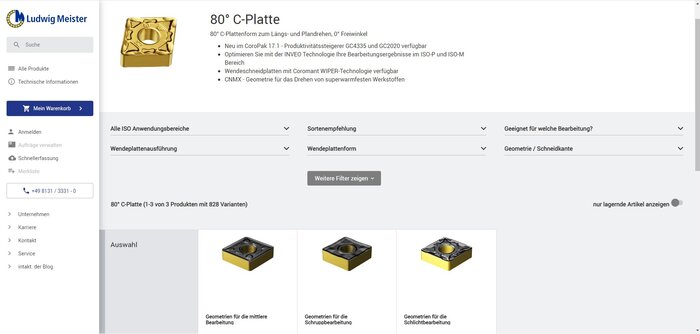 Screenshot eines Webshops, der 80° C-Platten für Drehanwendungen von Sandvik zeigt, mit Auswahlmöglichkeiten und technischen Informationen.