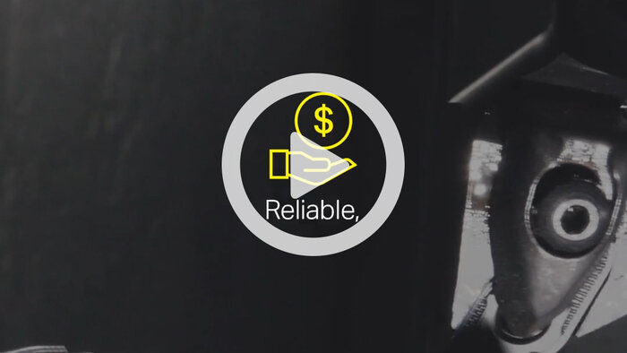 Ein Nahaufnahmebild eines Drehwerkzeugs mit einem Play-Symbol und den Wörtern "Reliable" und einem Dollarsymbol in einem Kreis darüber.