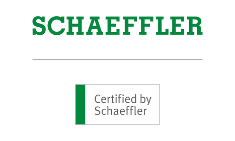 Das Logo von Schaeffler mit dem Schriftzug "Certified by Schaffler" in Grün/Grau.