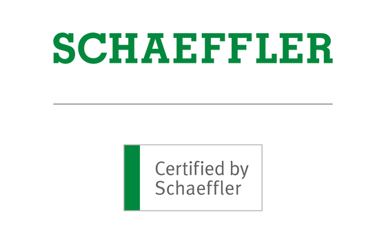 Das Logo von Schaeffler mit dem Schriftzug "Certified by Schaffler" in Grün/Grau.