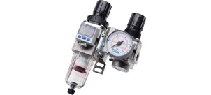 Ein pneumatisches Bauteil mit Manometer und digitalem Druckregler.