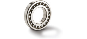 Ein Pendelkugellager steht aufrecht und zeigt glänzende, kugelförmige Rollen zwischen zwei Metallringen.