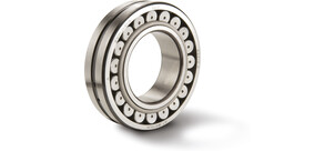 Nahaufnahme eines Pendelrollenlagers mit symmetrischen Rollen und poliertem Metallfinish.