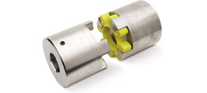 Eine silberne Metallkupplung mit einem gelben Elastomer-Element, das zwei Wellen verbindet.