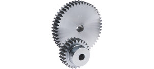 Zwei ineinandergreifende Stahlzahnräder, die präzise maschinell gefertigt sind.