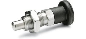 Ein Rastbolzen aus Metall mit einem schwarzen Kunststoffgriff, dargestellt in Nahaufnahme auf weißem Hintergrund.