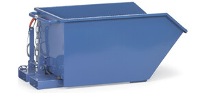 Ein blauer Muldenkipper aus Metall mit Kippmechanismus, seitlich betrachtet.