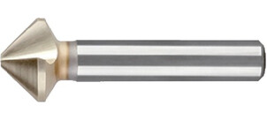 Ein metallisches Senker-Entgrater-Werkzeug mit konischem Kopf und gerilltem Schaft.