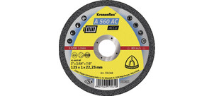 Eine gelbe Kronenflex A 560 AC Trennscheibe mit Angaben zu Größe und Geschwindigkeit.