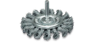 Eine runde Drahtbürste mit gedrehten Borsten und einem Stiel für Bohrmaschinen.