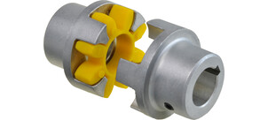 Eine drehelastische Kupplung mit einem gelben Mittelteil und metallischen Enden.