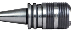 Ein seitliches Bild eines metallischen Gewindeschneidfutters mit mehreren Rillen und einem konischen Ende.