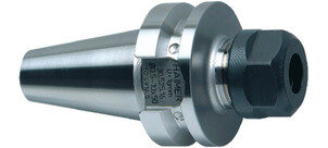 Ein metallisches Spannzangenfutter in Nahaufnahme zeigt detailreiche Oberflächenstruktur und Beschriftung.