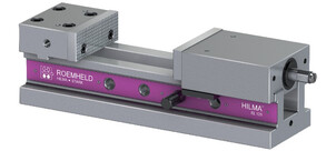 Ein Maschinenschraubstock mit grauen und violetten Elementen, gekennzeichnet mit "ROEMHELD" und "HILMA EL 125".
