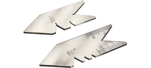 Zwei Metall-Gewindelehren mit Winkelangaben von 55 und 60 Grad.