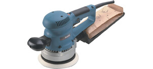 Ein blauer Exzenterschleifer mit einem schwarzen Griff und einem angeschlossenen Staubbeutel.