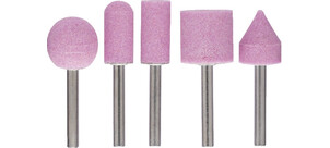 Fünf verschiedene Schleifstifte mit lila Schleifköpfen und silbernen Schäften.