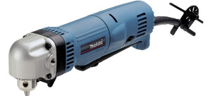 Eine blaue elektrische Winkelbohrmaschine mit einem silbernen Kopf und schwarzem Griff.