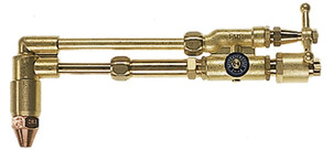 Ein goldfarbener Schweiß- und Lötbrenner aus Metall mit mehreren Ventilen und Griffen.