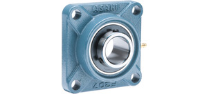 Eine blaue, quadratische Flanschlagereinheit mit einer zentralen Öffnung für die Montage.