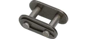 Ein metallisches Verbindungsglied mit zwei Bolzen, das zum Verbinden von Ketten verwendet wird.