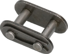 Ein metallisches Verbindungsglied mit zwei Bolzen, das zum Verbinden von Ketten verwendet wird.