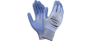 Ein Paar hellblaue HyFlex-Arbeitshandschuhe aus festem Material.