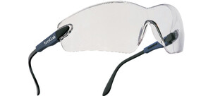 Eine transparente Schutzbrille mit klaren Gläsern und dunklen Bügeln.