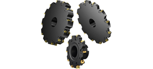 Drei schwarze Fräswerkzeuge mit gelben Einsätzen in unterschiedlichen Größen.