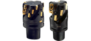 Zwei schwarze und goldene Fräsköpfe von Sandvik für die Kantenbearbeitung.