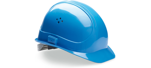 Ein blauer Schutzhelm mit Lüftungslöchern und verstellbarem Innenband.