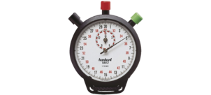 Eine klassische Stoppuhr mit drei farbigen Knöpfen und einer Skalierung für Sekunden.