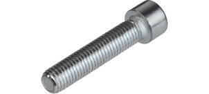 Eine einzelne Metallschraube mit Gewinde, aus poliertem Stahl.