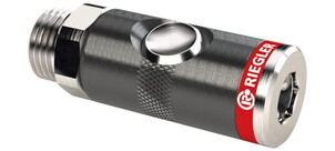 Eine metallene Pneumatik-Kupplung der Marke Riegler mit Gewindeanschluss.