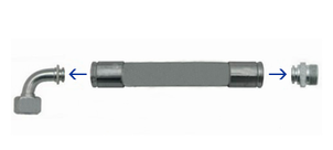 Abbildung eines Hydraulikschlauchs mit Verbindungsstücken, die durch blaue Pfeile gekennzeichnet sind.