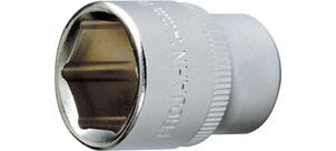 Ein silberner Sechskant-Steckschlüsseleinsatz aus Metall.