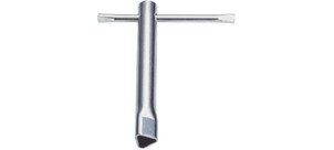 Ein T-förmiger Steckschlüssel mit silbernem Metallgriff.