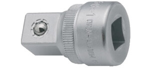 Ein silberner Metalladapter mit einem quadratischen und einem runden Ende, häufig in der Werkzeugtechnik verwendet.