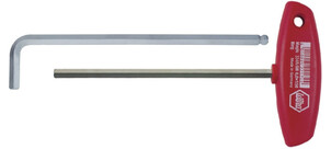 Zwei Inbusschlüssel, einer mit L-förmigem Griff und der andere mit einem roten T-Griff, liegen nebeneinander.