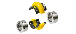 Explosionsansicht einer Elastomerkupplung mit Metall- und Kunststoffkomponenten.